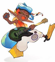 1girl clenched_hand closed_eyes colored_eyelashes colored_tongue commentary dark-skinned_female dark_skin earrings fang flippers floating_hair frye_(splatoon) full_body goggles goggles_on_head guitar hair_ornament harem_pants highres holding holding_guitar holding_instrument inari1369 inkling instrument jewelry long_hair long_pointy_ears multiple_earrings nintendo official_alternate_costume open_mouth orange_hair orange_shawl orange_shirt orange_tongue pants pointy_ears shawl shirt sleeveless sleeveless_turtleneck smile solo splatoon_(series) splatoon_3 standing standing_on_one_leg symbol-only_commentary tentacle_hair tooth_earrings turtleneck white_pants x_hair_ornament yellow_footwear