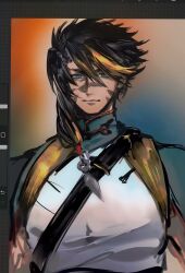 Rule 34 | 1boy, art program in frame, asymmetrical hair, black hair, blonde hair, blue eyes, chinese clothes, dark-skinned male, dark skin, fate/grand order, fate (series), gradient background, hair between eyes, hair ornament, highres, huang feihu (fate), looking at viewer, male focus, medium hair, mi-atidueuzair, multicolored hair, scar, scar on face, scar on nose, smile, solo, streaked hair