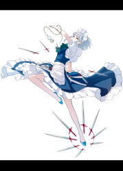 1girl absurdres apron arm_up back_bow bare_legs between_fingers blue_dress blue_shoes bow bowtie braid circle_skirt dagger dress fighting_stance frilled_apron frilled_dress frills full_body green_bow green_bowtie grey_hair highres holding holding_knife izayoi_sakuya knife knives_between_fingers leg_up letterboxed looking_at_viewer maid maid_apron maid_headdress nubezon parted_lips pocket_watch puffy_short_sleeves puffy_sleeves red_eyes roman_numeral shoes short_hair short_sleeves solo touhou twin_braids waist_apron watch weapon white_apron white_background white_bow white_headdress