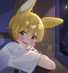 1boy animal_ears blonde_hair blush commentary_request crescent_moon crossed_arms dot_nose double-parted_bangs far_tarooo hair_between_eyes highres looking_back looking_to_the_side male_focus moon night night_sky noru_(far_tarooo) open_mouth original rabbit_boy rabbit_ears shirt short_hair short_sleeves sky solo star_(sky) t-shirt wavy_mouth white_shirt window windowsill yellow_eyes