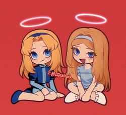 2girls blonde_hair blue_eyes blush ccjealousy chibi crossed_legs halo indian_style long_hair maria_robotnik multiple_girls open_mouth red_background sitting sonic_(live_action) sonic_(series) sonic_the_hedgehog_3_(movie) traditional_halo watermark