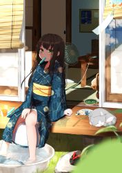 1girl architecture barefoot blue_kimono brown_hair bucket cat east_asian_architecture green_eyes hand_fan highres hirotsuki japanese_clothes kimono long_hair obi open_door original outdoors print_kimono sash sitting slice_of_life sliding_doors soaking_feet summer tatami veranda wide_sleeves yukata