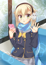 1girl :o adapted_costume black_jacket blonde_hair blue_scarf blush blush_stickers bow braid buttons colored_eyelashes commentary_request cowboy_shot double-breasted earphones eyes_visible_through_hair flipped_hair fur-trimmed_headphones fuyukichi_(nikoniko1567) green_eyes grey_sailor_collar grey_skirt hair_between_eyes hands_up headphones highres holding holding_phone indoors jacket kariya_wakana lens_flare long_scarf long_sleeves looking_at_viewer medium_hair miniskirt open_mouth outstretched_hand phone plaid_clothes plaid_skirt sailor_collar sanoba_witch scarf school_uniform serafuku single_braid sitting skirt solo w_arms waving window winter_clothes yellow_bow