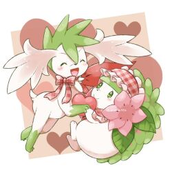 aimi_(aimia492) blush closed_eyes flower gen_4_pokemon green_hair happy heart legendary_pokemon mythical_pokemon nintendo open_mouth pokemon pokemon_(creature) ribbon shaymin shaymin_(land) shaymin_(sky) smile tears