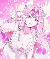 Rule 34 | 1girl, angel wings, artist name, bare arms, bare shoulders, braid, breasts, circlet, cleavage, commentary, cookie run, cookie run: kingdom, cowboy shot, dress, eternal sugar cookie, gem, halo, highres, humanization, large breasts, leaf, leaning forward, light particles, long dress, long hair, nail polish, outdoors, pink gemstone, pink hair, pink nails, plunging neckline, pumpkin 404, side braids, sleeveless, sleeveless dress, solo, traditional halo, twin braids, watermark, white dress, white wings, wings, yellow halo