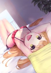 Rule 34 | 1girl, :d, bare shoulders, bikini, blonde hair, blue sky, blush, breasts, brown eyes, commentary request, curtains, day, dutch angle, fangs, female focus, heart, heart necklace, highres, idolmaster, idolmaster cinderella girls, indoors, jewelry, jougasaki rika, long hair, looking at viewer, lying, necklace, on back, open mouth, orange skirt, plaid clothes, plaid skirt, pleated skirt, railing, red bikini, rin2008, side-tie bikini bottom, skirt, sky, small breasts, smile, solo, sunlight, swimsuit, teeth, unworn skirt, upper teeth only, very long hair