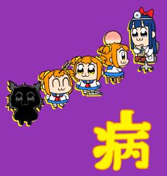 2girls :3 arrow_(projectile) bkub blue_eyes blue_hair blue_necktie blue_sailor_collar blue_skirt blunt_bangs bow brown_footwear brown_pants chair chibi chibi_only closed_eyes closed_mouth dark_blue_hair doctor full_body hair_bow hair_ornament hair_scrunchie head_mirror highres injury lab_coat long_hair multiple_girls neckerchief necktie official_art orange_hair pants pipimi poptepipic popuko purple_background red_bow red_neckerchief sailor_collar school_uniform scrunchie serafuku shirt shoes short_hair sidelocks simple_background sitting skirt socks standing stool swivel_chair two_side_up white_shirt white_socks yellow_eyes yellow_scrunchie