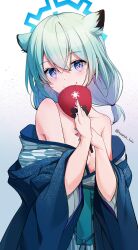 1girl absurdres animal_ears aqua_hair bath_yukata blue_archive blue_halo blue_haori blush closed_mouth commentary grey_kimono halo hand_fan haori highres holding holding_fan japanese_clothes kimono looking_at_viewer low_twintails off_shoulder official_alternate_costume official_alternate_hairstyle paper_fan purple_eyes shigure_(blue_archive) shigure_(hot_spring)_(blue_archive) shiroyu short_hair smile solo striped_clothes striped_kimono twintails uchiwa vertical-striped_clothes vertical-striped_kimono weasel_ears weasel_girl wide_sleeves yukata