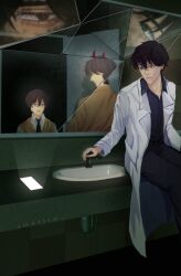 Rule 34 | 4boys, bandaid, bandaid on face, bathroom, black hair, black necktie, black skirt, broken glass, coat, collared shirt, demon horns, glass, grey eyes, highres, horns, jozllie, kim dokja, looking at viewer, mirror, multiple boys, multiple persona, multiple views, necktie, official alternate costume, oldest dream, omniscient reader&#039;s viewpoint, phone, shirt, short hair, sink, sitting, skirt, squiggle, vest, white coat, white shirt, yellow vest, yoo joonghyuk