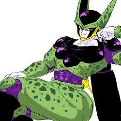 Rule 34 | 1boy, black nails, black skin, black wings, cell (dragon ball), closed mouth, colored skin, crossed legs, dragon ball, dragonball z, feet out of frame, from side, green skin, hand on own knee, head on hand, head rest, looking at viewer, male focus, multicolored skin, obata2nd, pectorals, perfect cell, pink eyes, purple skin, simple background, smile, smug, solo, spots, tail, white background, white skin, wings, yellow skin