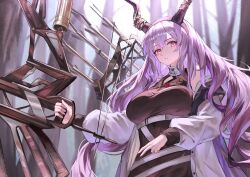 Rule 34 | 1girl, absurdres, arknights, black horns, bow (weapon), breasts, commentary, highres, holding, holding bow (weapon), holding weapon, horns, large breasts, long hair, long sleeves, looking at viewer, pink eyes, puranetto (vjun4748), purple eyes, purple hair, solo, typhon (arknights), weapon