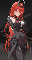 Rule 34 | 1girl, absurdres, black bodysuit, black horns, bodysuit, breasts, bright pupils, chain, closed mouth, commentary request, cowboy shot, dark background, highres, horns, large breasts, long hair, looking at viewer, mole, mole under eye, official alternate costume, punishing: gray raven, red eyes, red hair, smile, solo, uriuritei, vera: geiravor (hollow crown) (pgr), vera: geiravor (pgr), vera (pgr), very long hair, white pupils