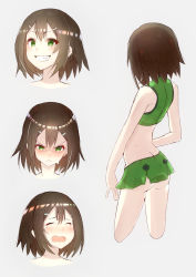 &gt;:&lt; 1boy :&lt; ass bad_id bad_pixiv_id baka_to_test_to_shoukanjuu blush brown_hair butt_crack crossdressing green_eyes grin hair_ornament hairclip highres kinoshita_hideyoshi male_focus nero2 open_mouth simple_background smile solo tears trap v-shaped_eyebrows