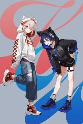 2boys absurdres alternate_costume animal_hood badge black_hoodie black_nails black_shoes black_shorts black_socks blue_pants blush chain choker clothes_writing commentary crossed_bangs fishnet_socks fishnets full_body genshin_impact hand_on_own_hip hand_on_own_knee highres hood hood_up hoodie kaedehara_kazuha leaning_forward long_sleeves male_focus multicolored_hair multiple_boys nail_polish o-ring o-ring_thigh_strap one_eye_closed pants purple_eyes purple_hair red_eyes red_hair red_shoes rrr_gns_(riuriu_1212) safety_pin scaramouche_(genshin_impact) shoes shorts simple_background sneakers socks spiked_choker spikes standing streaked_hair symbol-only_commentary thigh_strap tongue tongue_out torn torn_clothes torn_pants wanderer_(genshin_impact) white_hoodie