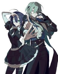 1boy 1girl :o absurdres ahoge anaxa_(honkai:_star_rail) arm_up ascot black_bow black_bowtie black_bustier black_corset black_gloves black_pants black_ribbon black_shirt black_skirt black_sleeves black_thighhighs blue_coat blue_eyes blue_hair bow bowtie bustier chuunibyou chuunibyou_demo_koi_ga_shitai! coat collared_shirt contrapposto corset cowboy_shot cross-laced_clothes crossover double-parted_bangs earrings eyepatch eyewear_strap foreshortening frilled_bustier frilled_ribbon frilled_skirt frilled_sleeves frilled_thighhighs frills gloves gothic_lolita green_eyes green_hair grey_hair hair_between_eyes hair_intakes hair_over_shoulder hair_ribbon hair_tubes hand_on_own_head hand_up height_difference highres honkai:_star_rail honkai_(series) jewelry layered_skirt layered_sleeves lolita_fashion long_coat long_hair long_sleeves looking_at_viewer low_ponytail medical_eyepatch miniskirt multicolored_eyes multiple_rings one_eye_covered one_side_up open_clothes open_coat open_hand outstretched_arm pants parted_lips partially_fingerless_gloves pointing pointing_at_viewer ponytail puffy_short_sleeves puffy_sleeves red_pupils ribbon ring shirt shirt_tucked_in short_hair short_over_long_sleeves short_sleeves side-by-side simple_background single_earring skirt skirt_set spread_fingers takanashi_rikka thighhighs thumb_ring tokyu_(specialsetsweet) trait_connection two-tone_eyes white_ascot white_background white_shirt