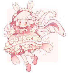 1girl back_bow black_eyes blunt_bangs blunt_ends blush_stickers bow bubble_skirt buttons cherry_blossoms chibi collared_shirt collared_socks commentary commission deviantart_sample double_bun english_commentary eyelashes flower flower_skirt frilled_skirt frilled_sleeves frills hair_bun hair_flower hair_lift hair_ornament hair_petal hair_ribbon happy image_sample lace lace-trimmed_skirt lace_trim littlebluemuffin long_hair long_sleeves mary_janes open_mouth original petals pink_bow pink_flower pink_hair pink_shoes pink_skirt pink_theme puffy_long_sleeves puffy_sleeves red_ribbon ribbon shirt shoes skirt sleeve_ribbon smile socks solo square waist_bow white_background white_headdress white_shirt white_socks