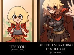 1girl absurdres armor bags_under_eyes blonde_hair cape centurii-chan centurii-chan_(character) despite_everything_it&#039;s_still_you_(meme) english_text exhausted greco-roman_clothes hand_on_mirror highres looking_at_mirror looking_at_self meme mirror original red_cape reflection roman_clothes short_hair undertale