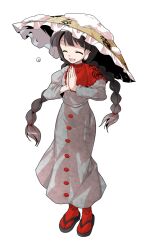 Rule 34 | 1girl, ajirogasa, alphes (style), black hair, black sandals, braid, buttons, capelet, clothes writing, commentary request, dairi, dress, frilled capelet, frilled hat, frills, full body, grey dress, hair tie, hat, large variant set, long hair, long sleeves, parody, puffy long sleeves, puffy sleeves, red capelet, red socks, sandals, snow, socks, solo, standing, style parody, tabi, tachi-e, touhou, transparent background, tsurime, twin braids, variant set, yatadera narumi