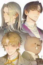 Rule 34 | 3boys, ?, absurdres, bear, blonde hair, brown hair, character request, collared shirt, copyright request, curtained hair, diamond-shaped earrings, diamond (shape), earrings, green eyes, hair tie, highres, jewelry, long hair, looking at viewer, male focus, monchya 33, multiple boys, pointy ears, purple shirt, red eyes, shirt, short hair, simple background, smile, teeth, white background, white hair