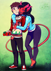 1boy 1girl black_hair black_lips blush christmas colored_skin couple demon_girl hetero high_heels horns hug hug_from_behind interspecies lips lipstick long_hair makeup my_pet_tentacle_monster myserra red_eyes red_skin sweater tagme the_succubus_sub winter_clothes