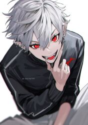 1boy absurdres black_jacket ear_piercing fangs grey_hair hair_between_eyes highres jacket kuzuha_(nijisanji) looking_at_viewer male_focus nijisanji open_mouth piercing pointy_ears red_eyes short_hair simple_background smile solo tongue twitter_username virtual_youtuber white_background znjxlz