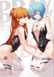 2girls alternate_hair_length alternate_hairstyle artist_request ass ayanami_rei black_leggings blue_eyes blue_hair breasts cleavage curvy highleg highleg_leotard highres interface_headset_(evangelion) kneeling leggings leotard long_hair looking_at_another lying multiple_girls neon_genesis_evangelion on_side one_eye_closed open_clothes red_eyes revealing_clothes short_hair simple_background souryuu_asuka_langley very_long_hair wide_hips wink zipper