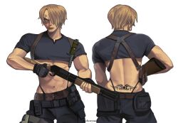 1boy blonde_hair cherrymi0 cosplay cropped_shirt curly_eyebrows facial_hair gun hair_over_one_eye holding holding_gun holding_weapon knife leon_s._kennedy leon_s._kennedy_(cosplay) male_focus mustache_stubble one-piece_thong one_piece resident_evil resident_evil_4 sanji_(one_piece) solo stubble tattoo toned toned_male weapon