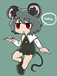 1girl aaaa_(aaaa480) animal_ear_fluff animal_ears capelet cookie_(touhou) crystal dress empty_eyes english_text expressionless flat_chest full_body green_background grey_dress grey_hair grey_shoes holding holding_pencil jewelry kofji_(cookie) long_sleeves looking_at_viewer mouse_ears mouse_girl mouse_tail nazrin open_mouth pencil pendant red_eyes shirt shoes short_hair simple_background solo standing standing_on_one_leg tail touhou white_capelet white_shirt