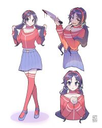 1girl absurdres blood bloody_knife blue_eyes blue_hair blue_skirt choker closed_mouth commentary crazy_mita_(miside) crazy_smile crop_top crossed_legs flower_hairtie hairband head_tilt highres holding holding_knife holding_own_hair knife long_hair long_sleeves looking_at_viewer low_twintails midriff miniskirt miside mita_(miside) multiple_views neinouu open_mouth own_hands_together pleated_skirt red_choker red_hairband red_shirt red_thighhighs shirt simple_background skirt smile thighhighs thighs twintails white_background