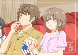 1boy 2girls azusagawa_kaede azusagawa_sakuta black_hair brother_and_sister brown_eyes brown_hair brown_shirt casual chair collarbone collared_shirt commentary_request eating food holding holding_food kano_kotomi low_twintails movie_theater multiple_girls out_of_frame pink_shirt popcorn puffy_short_sleeves puffy_sleeves seishun_buta_yarou shirt short_hair short_sleeves siblings sitting tamura_satomi twintails