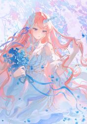 1girl absurdres artist_request bare_shoulders blue_eyes blue_flower blue_ribbon blue_rose bouquet chinese_commentary collar commentary_request day detached_collar detached_sleeves downturned_eyes dress expressionless eyelashes feather-trimmed_dress feathers feet_out_of_frame floral_background flower frilled_sleeves frills hair_ribbon high_collar highres holding holding_bouquet holding_own_hair horns light_blush light_rays long_dress long_hair looking_ahead miracle_nikki nikki_(nikki) nikki_(series) outdoors parted_lips petals pink_background pink_hair ribbon rose rose_petals second-party_source short_sleeves single_horn solo strapless strapless_dress unicorn_horn very_long_hair wavy_hair white_collar white_dress white_horns white_sleeves wide_sleeves wisteria