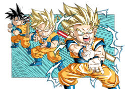 Rule 34 | 1boy, black eyes, black hair, blonde hair, blue background, blue footwear, blue sash, blue shirt, boots, border, dougi, dragon ball, dragon ball daima, electricity, forest 1988, green eyes, highres, kamehameha (dragon ball), male focus, medium hair, motion lines, multiple views, orange pants, orange tunic, pants, ruyi jingu bang, sash, shirt, simple background, son goku, speed lines, spiked hair, super saiyan, super saiyan 1, super saiyan 2, tunic, white border