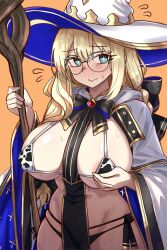 Rule 34 | 1girl, aesc (fate), animal print, areola slip, blush, breasts, closed mouth, covering breasts, covering nipples, covering privates, cow print, ebora, embarrassed, fate/grand order, fate (series), flying sweatdrops, glasses, hat, huge breasts, puffy areolae, puffy nipples, round eyewear, solo, staff, sweat, topless female, witch hat