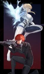 Rule 34 | 1boy, 1girl, artoria pendragon (fate), artoria pendragon (lancer) (fate), braid, braided bun, breasts, crossover, emiya shirou, fate/stay night, fate (series), hair bun, highres, large breasts, m-8 avenger, mass effect (series), multiple crossover, n7 armor, orange hair, red hair, shokobr, trait connection, turtleneck