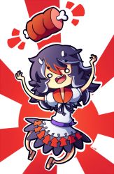 1girl arrow_(symbol) black_hair boned_meat bow chibi daigada dress female_focus food horns kijin_seija long_hair meat multicolored_hair open_mouth red_hair ribbon rising_sun_flag smile solo streaked_hair sunburst touhou white_hair