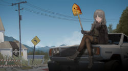 1girl absurdres aegisfate blood blue_eyes car commentary far_cry far_cry_5 female_focus green_hair highres looking_at_viewer motor_vehicle on_car pantyhose shoes sky smile solo thighhighs tree