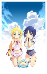 2girls :&lt; bikini bikini_skirt bikini_under_clothes blonde_hair blue_eyes blue_hair camisole cloud day hands_on_own_face highres kashiwagi_hatsune kashiwagi_kaede kizuato kneeling kurosu_tsugutoshi long_hair low_ponytail midriff multiple_girls navel ponytail ribbon sandals school_swimsuit school_uniform serafuku shirt short_hair sky smile swimsuit swimsuit_under_clothes