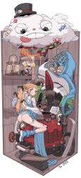 Rule 34 | 1girl, absurdres, ass, back, blonde hair, blue boots, blue eyes, blue skirt, boots, dirty, grin, happening18, highres, looking at viewer, monster, off shoulder, original, panties, pointy ears, sitting, skirt, smile, solo, underwear, white panties