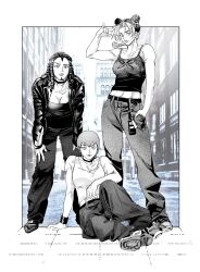 3girls alternate_costume artist_request bent_over braid braided_ponytail breasts bun_with_braided_base camisole choker cleavage commentary_request commission double_bun dreadlocks ermes_costello foo_fighters_(jojo) forehead_tattoo frown greyscale_with_colored_background hair_bun hand_in_pocket hands_on_own_legs highres jacket jojo_no_kimyou_na_bouken korean_commentary kuujou_jolyne medium_breasts midriff multicolored_hair multiple_girls navel photo_background raised_eyebrow second-party_source short_hair smile stone_ocean tank_top two-tone_hair walkie-talkie wristband