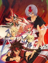 10mo 2girls 4boys bedman blonde_hair breasts dark-skinned_female dark_skin elphelt_valentine eyepatch gradient_background guilty_gear guilty_gear_xrd hat highres ky_kiske multiple_boys multiple_girls pink_hair ponytail ramlethal_valentine silver_hair sin_kiske sol_badguy sword underboob weapon