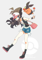 1girl :d antenna_hair aqua_eyes bag baseball_cap black_footwear black_socks black_vest boots brown_hair cocoloco commentary_request exposed_pocket gen_5_pokemon grey_background hat hilda_(pokemon) long_hair nintendo open_clothes open_mouth open_vest pink_bag pokemon pokemon_(creature) pokemon_bw shirt shorts shoulder_bag sidelocks sleeveless sleeveless_shirt smile socks tepig vest white_hat white_shirt