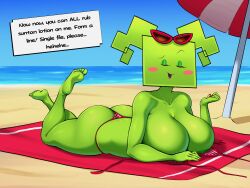 1girl absurdres ass beach bikini bikini_bottom_only breast_press breasts closed_eyes colored_skin english_text female_focus green_skin highres huge_breasts looking_at_viewer lying mario_(series) mimi_(paper_mario) nintendo open_mouth paper_mario sleepiitreat smile solo solo_focus speech_bubble swimsuit
