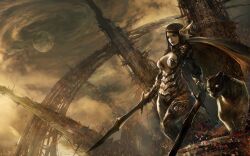 1girl animal armor black_hair breastplate breasts closed_mouth cloud cloudy_sky cougar dual_wielding hair_ornament holding holding_sword holding_weapon large_breasts leaf long_hair moon multiple_swords original sky sword tahra weapon