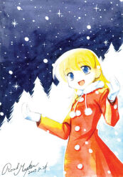 1girl 2007 archived_source artist_name bilingual_commentary blonde_hair blue_eyes blue_sky breasts christmas collared_dress commentary commentary_request cowboy_shot cursive dress english_commentary english_text forest four-pointed_star fur-trimmed_dress fur_trim gloves korean_commentary long_dress long_hair long_sleeves looking_up mixed-language_commentary nature night night_sky octagram open_mouth original outdoors pine_tree pom_pom_(clothes) red_sleeves roadmaxter simple_background sky small_breasts snowing solo star_(sky) straight_hair tongue tree white_gloves winter winter_clothes