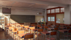 3d artist_name book bookshelf ceiling chair chalkboard classroom clock commentary_request door highres intercom interior map no_humans original scenery school surafin switch table television wall