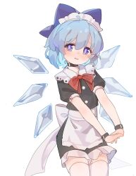 1girl absurdres alternate_costume apron black_choker blue_eyes blue_hair blue_ribbon blush choker cirno cowboy_shot gumingdi_ban hair_ribbon highres ice ice_wings maid maid_apron maid_headdress open_mouth puffy_short_sleeves puffy_sleeves ribbon short_hair short_sleeves smile touhou wings