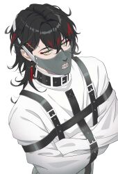 1boy absurdres belt black_belt black_hair bound commentary earrings eyeliner highres jewelry makeup male_focus mask mona_(h-rabbit) mouth_mask muffled multicolored_hair nijisanji nijisanji_en red_eyeliner red_hair solo straitjacket streaked_hair tassel tassel_earrings two-tone_hair upper_body virtual_youtuber vox_akuma yellow_eyes