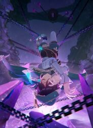 1boy aqua_hair beret black_hair braid brown_corset buohydro cape chain chained chained_legs closed_eyes corset genshin_impact glowing glowing_hair green_cape green_hat green_shorts hat highres long_sleeves pantyhose shirt short_hair shorts solo upside-down venti_(genshin_impact) vision_(genshin_impact) white_pantyhose white_shirt
