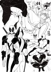 2boys arm_hair ass back belt blush bodysuit bouquet bridal_veil carrying chest_hair chibi claw_(weapon) clenched_hands couple crop_top deadpool deadpool_(series) dress english_text facial_hair fighting_stance flower formal_clothes gloves grabbing_another&#039;s_ass groping gun head_wreath heart height_difference highres holding holding_bouquet holding_gun holding_weapon husband_and_husband jacket large_pectorals leg_hair looking_at_another male_focus marvel mask monochrome multiple_boys multiple_views pants pectorals princess_carry revealing_clothes shirt siyi1996 speech_bubble spoken_heart suit superhero_costume sword sword_on_back teeth veil weapon weapon_on_back wedding_dress wolverine_(x-men) x-men yaoi