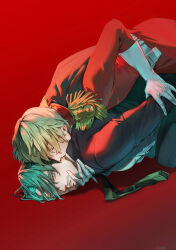 2boys absurdres beard blonde_hair challia_bull char_aznable closed_eyes epaulettes facial_hair gloves green_eyes green_hair gundam gundam_gquuuuuux high_collar highres jacket kissing_ear kneeling long_sleeves male_focus military_jacket military_uniform multiple_boys mustache necktie pnkripl red_background red_jacket short_hair simple_background yaoi